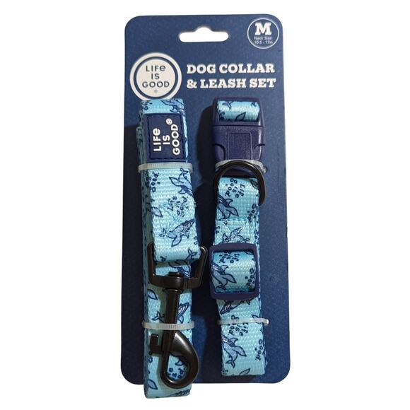 Life Is Good Dog Collar Leash Set Medium 10.5-17 in Adjustable Blue Whale Nylon - Picture 1 of 5